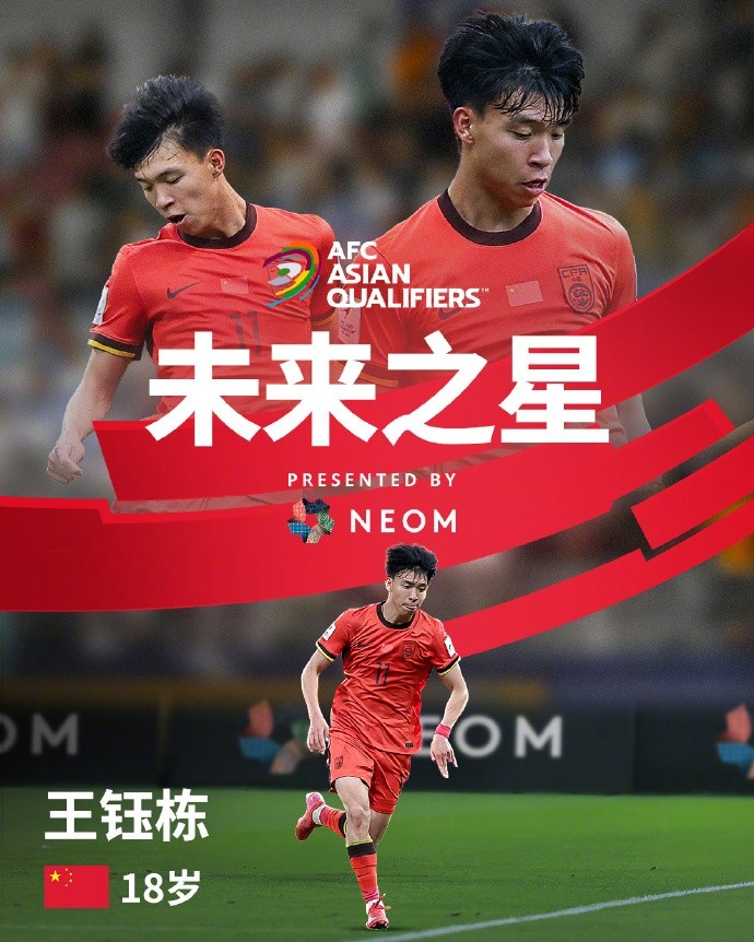 亞洲杯官方社媒發(fā)布王鈺棟個人海報：青年軍的旗幟，飄揚在前哨